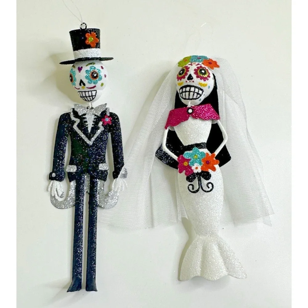Pier 1 Day Of The Dead Bride Groom Ornaments Skeleton Glitter Sugar Skull Metal